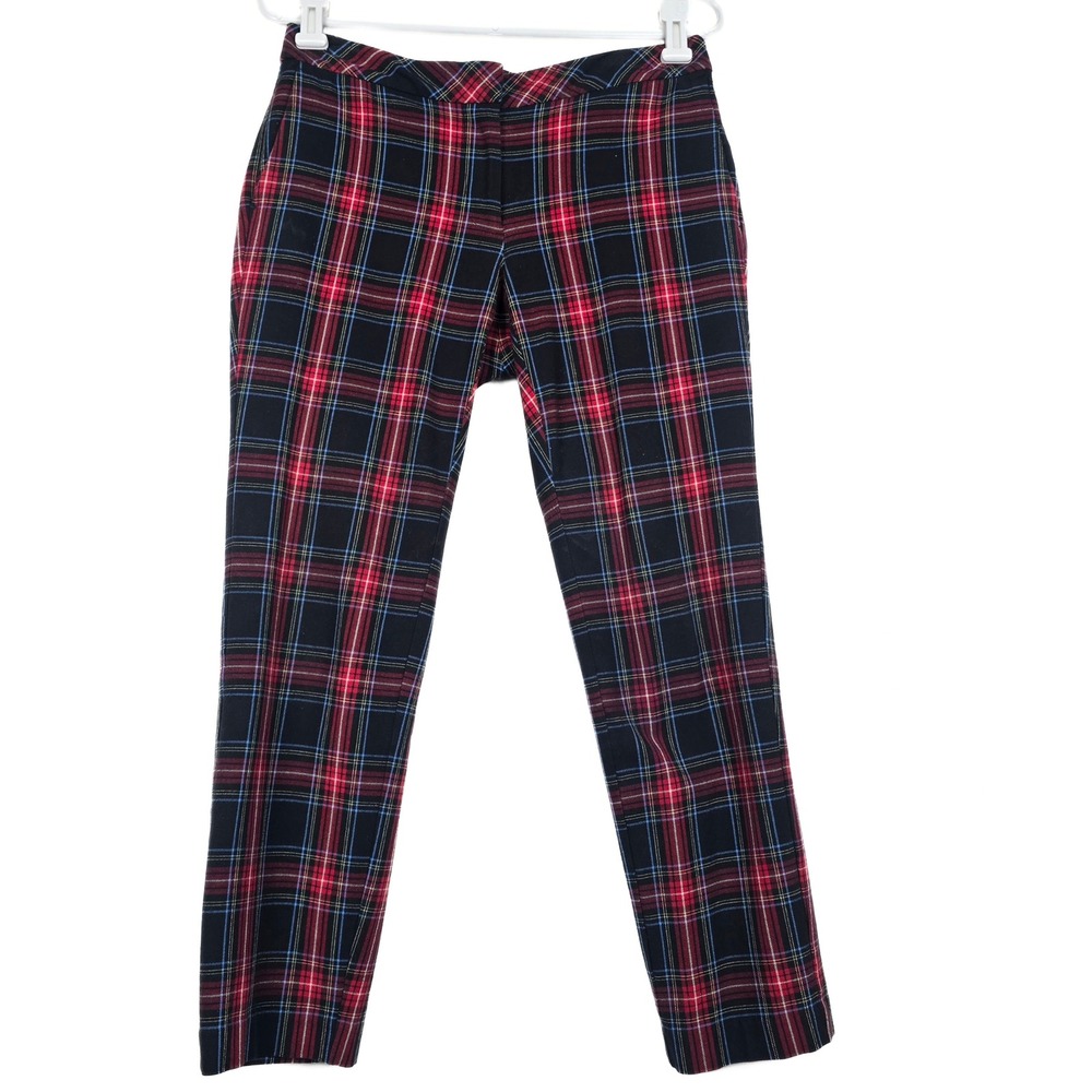 J. Jill Premium Bi-Stretch Plaid Trousers Red Black Slim Leg Pants Size 4